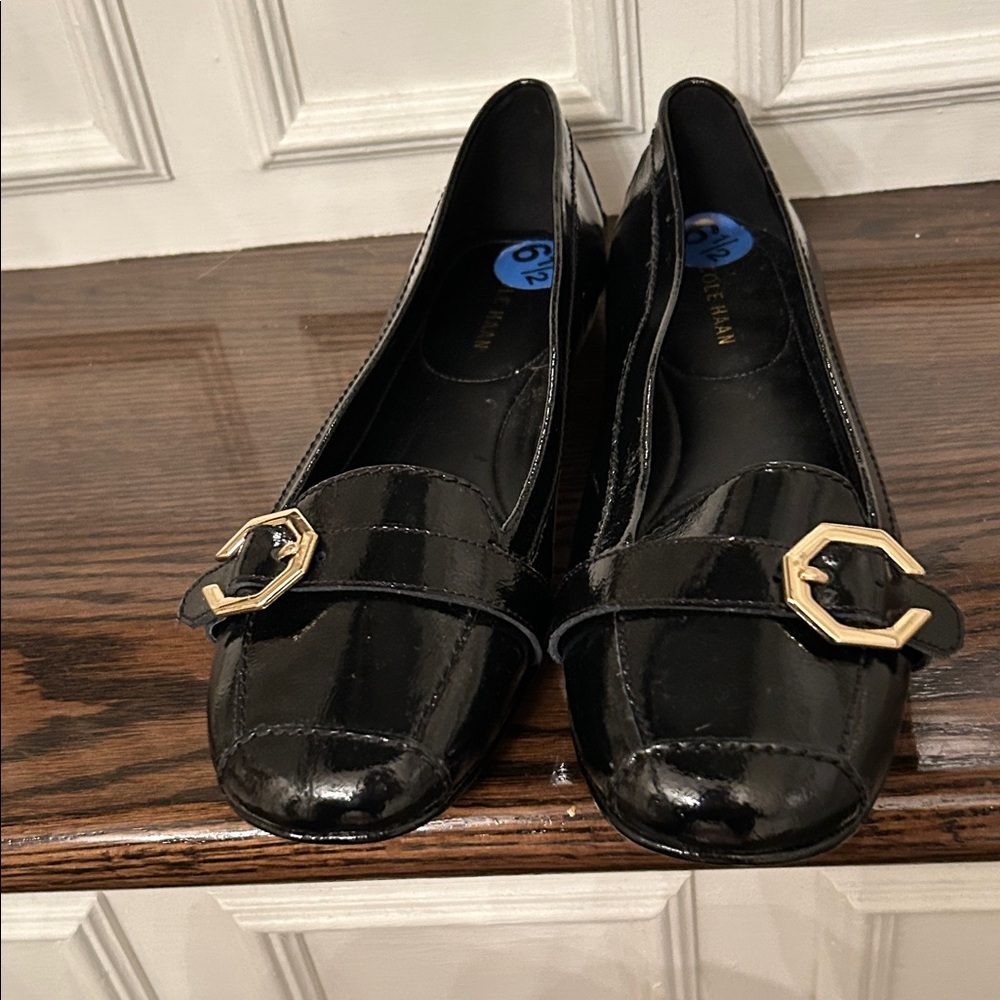 Cole Haan Black Patent Loafers with Gold Buckle